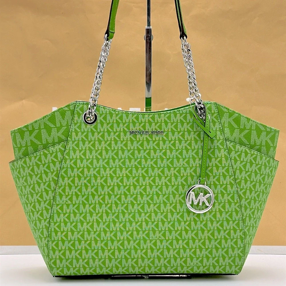 Michael Kors Jet Set Large Signature Logo Chain Shoulder Tote Bag Jungle Green